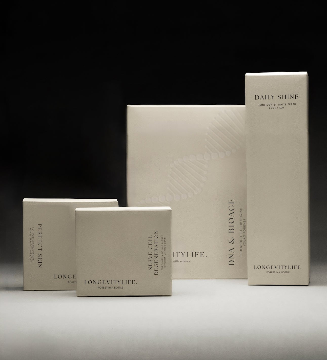 4 products for a healthy life and longevity, on top of the white table.