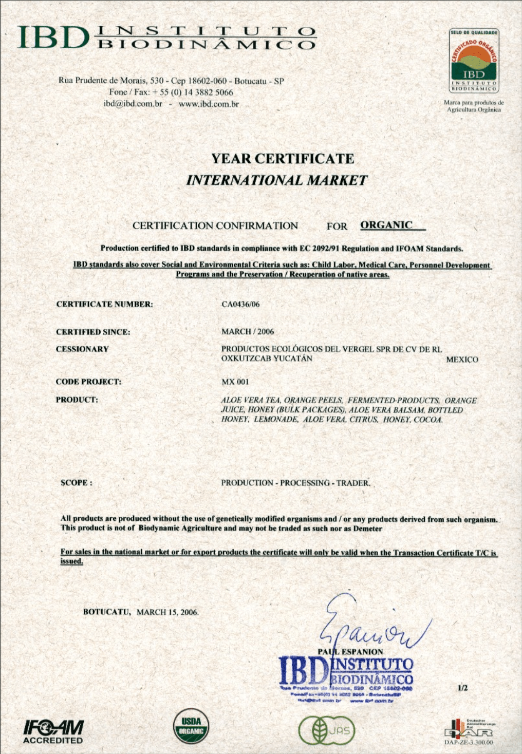 The certificate that implies the quality of the products.