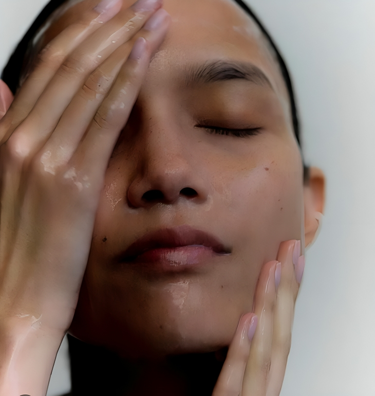 A woman, cleaning her face with her hands.