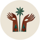 A palm tree alongside two hands holding palm leaves, symbolizing nature and growth.