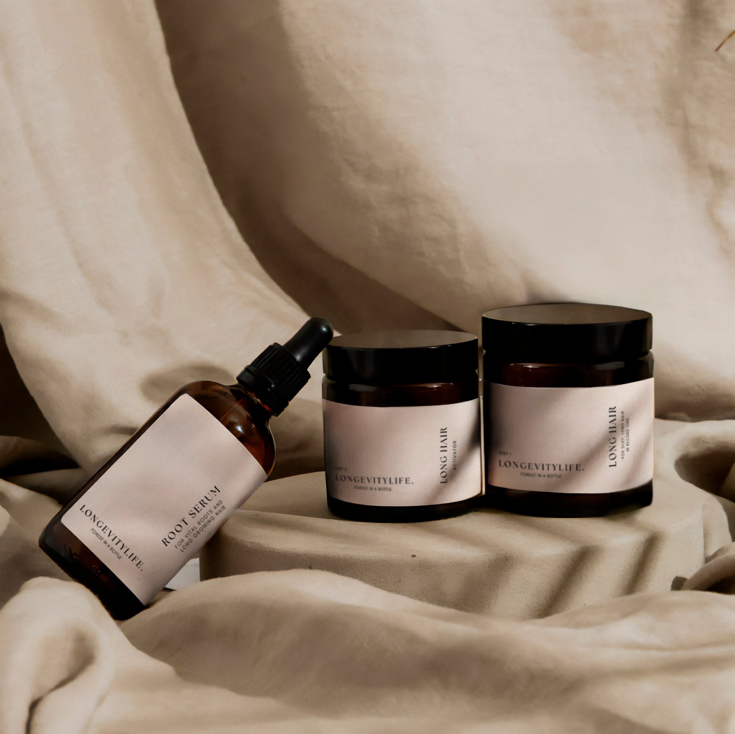 Long Hair Bundle products, standing side by side.