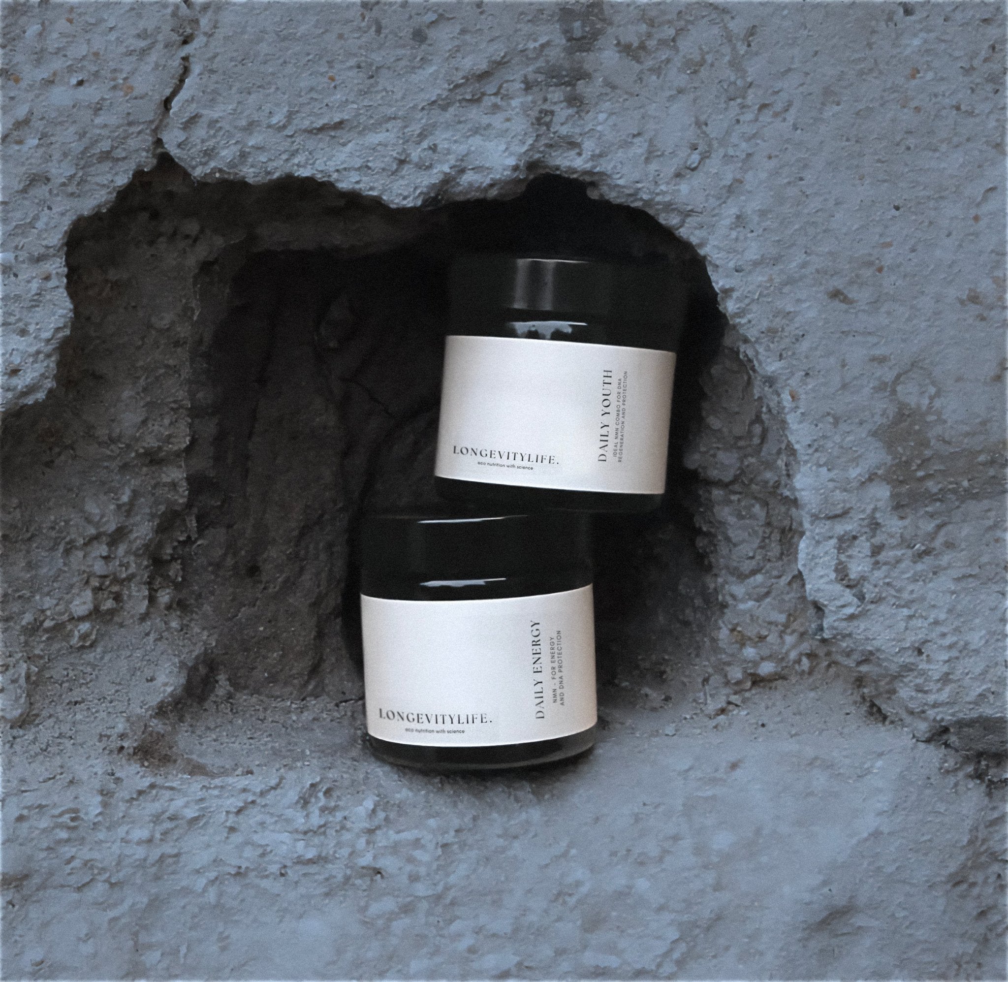 Daily youth and daily energy jars, one on top of the other.