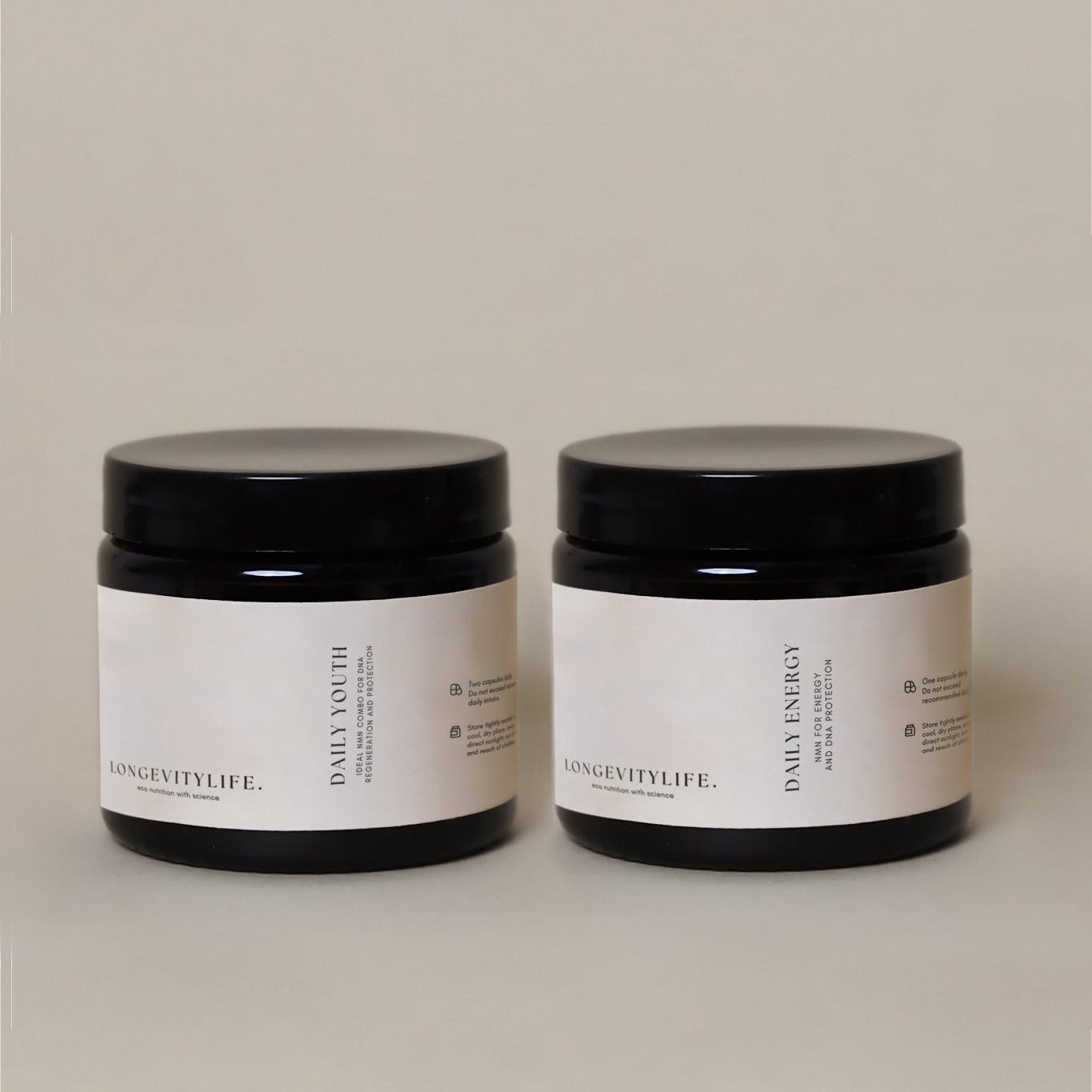 Daily youth and daily energy jars, side by side.
