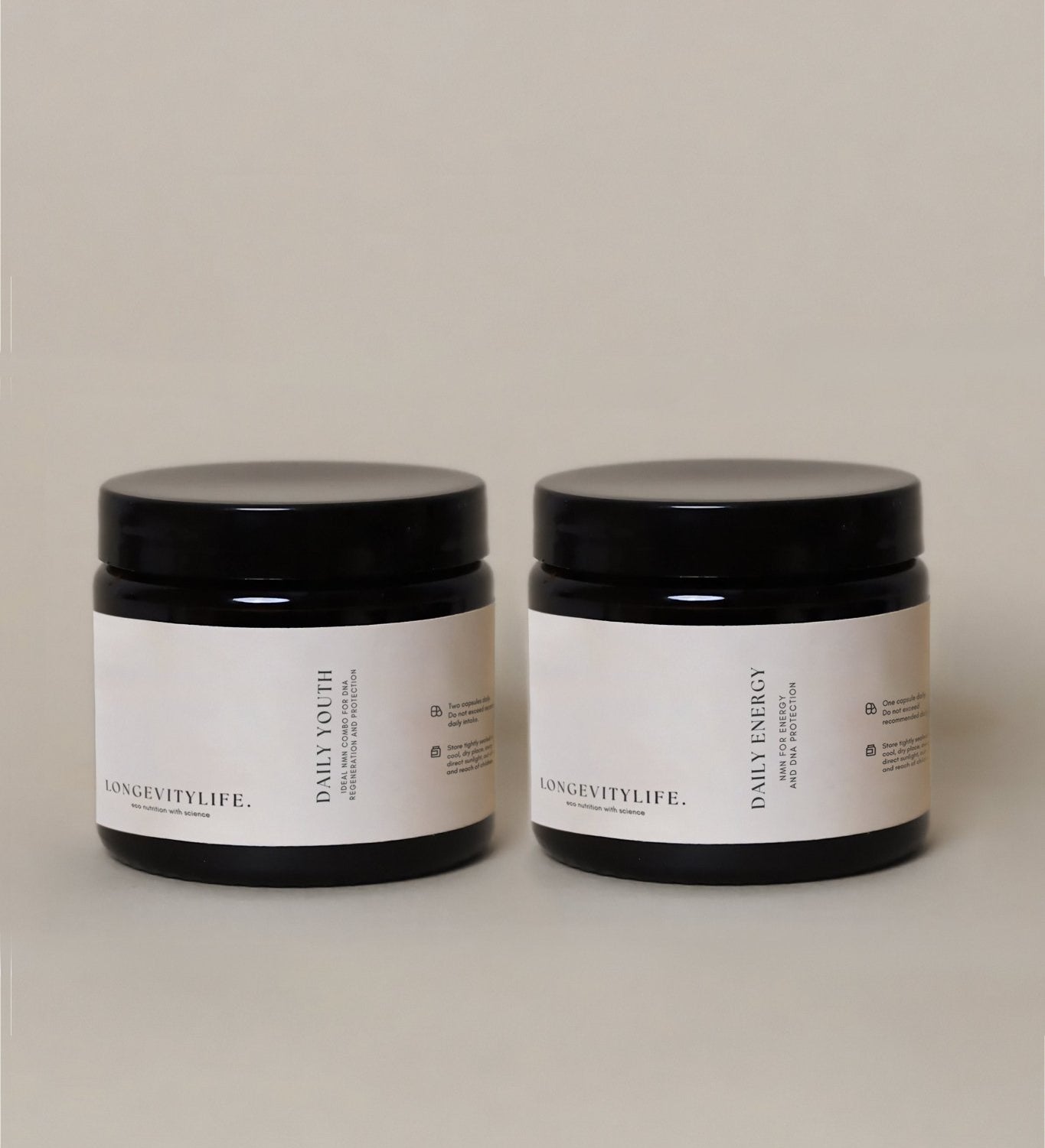 Daily youth and daily energy jars, side by side.