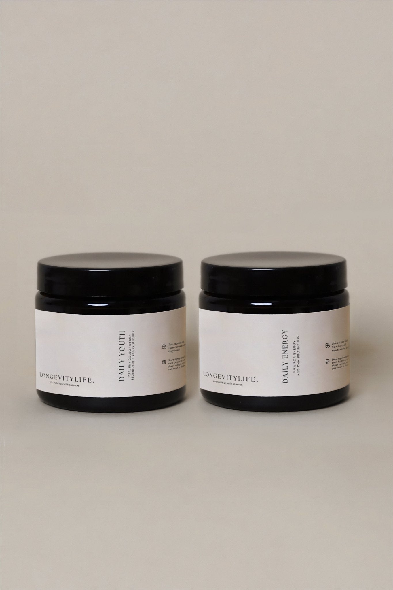Daily youth and daily energy jars, side by side.