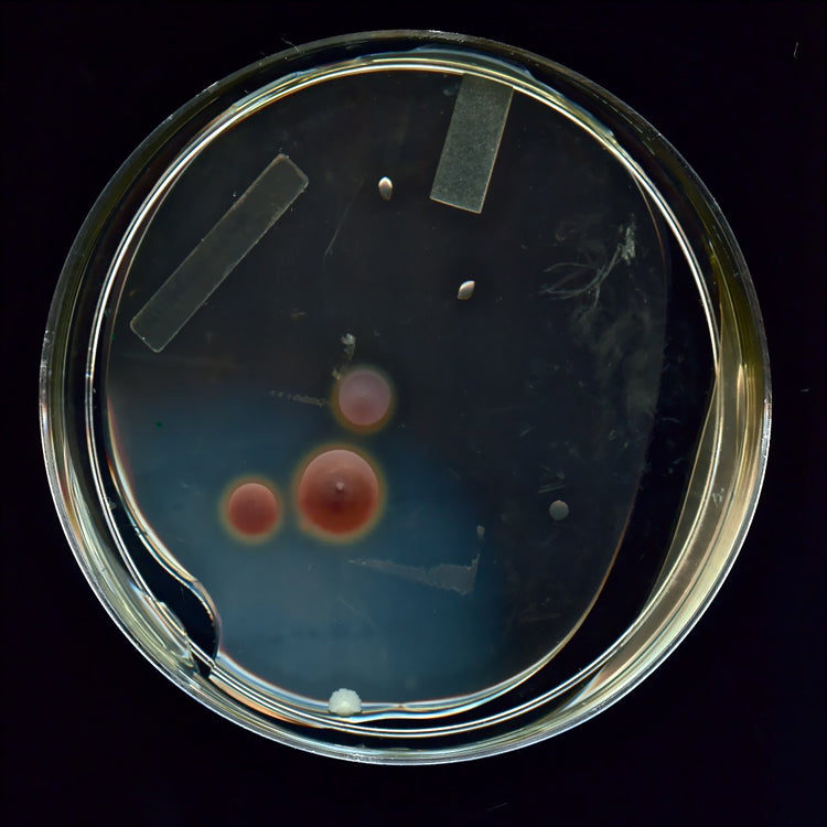 Microscopic close-up of a petri dish featuring red and white bubbles, illustrating the presence of microorganisms.