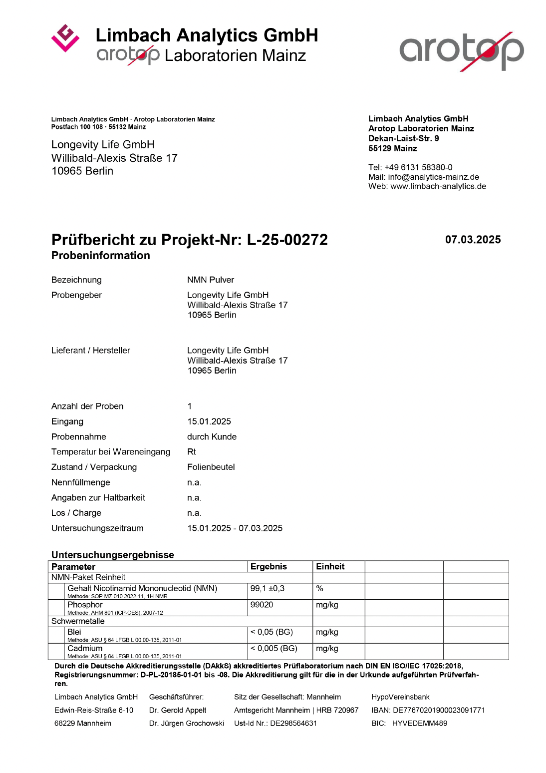 Prüfbericht L-25-00272, Limbach Analytics GmbH, ¹H-NMR-Methode
