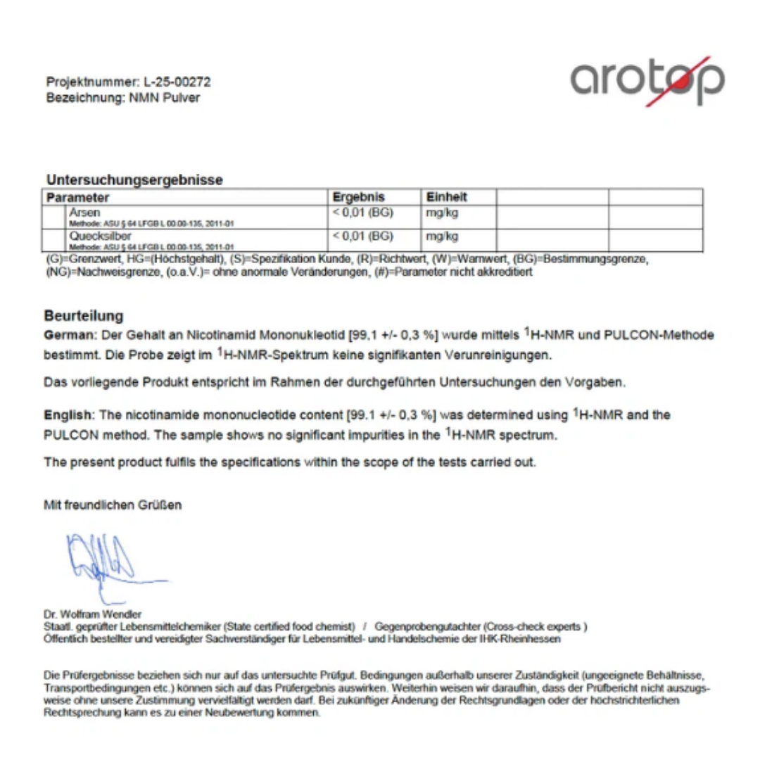 Limbach Analytics test report, page 2, with the assessment of the NMN content