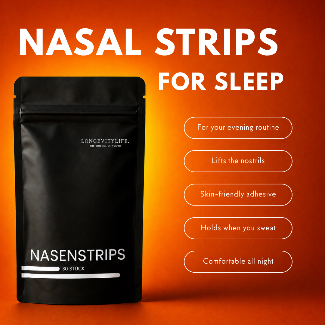 Nasal strips pouch next to a list of product features