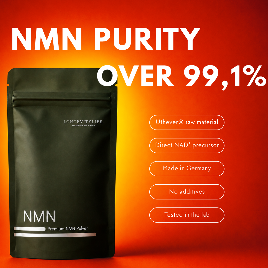 NMN powder pouch stating over 99.1 per cent purity, next to five product features