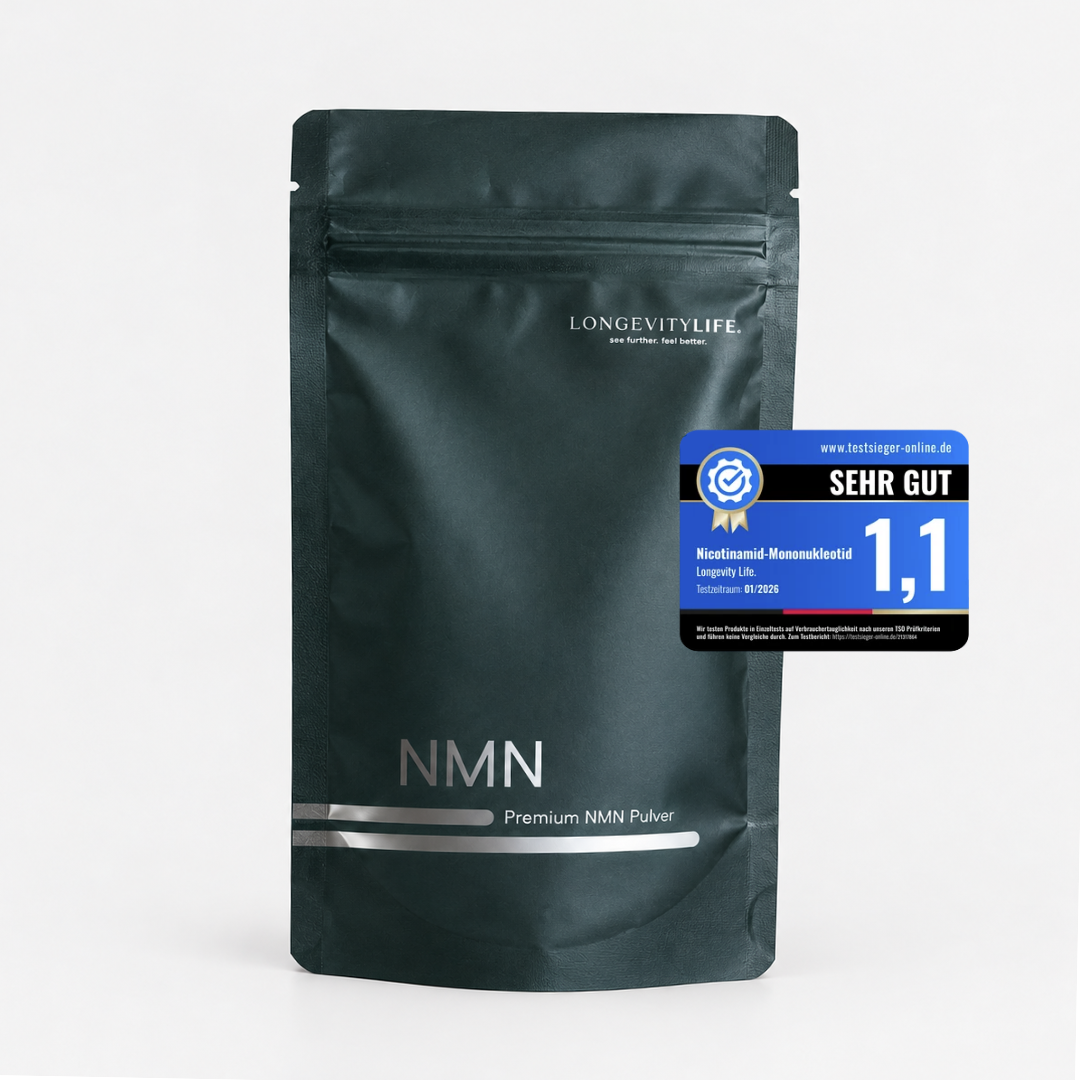 Uthever NMN powder by LongevityLife, front of the pouch with the Sehr gut 1.1 test seal