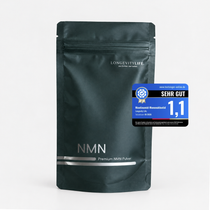 Uthever NMN powder by LongevityLife, front of the pouch with the Sehr gut 1.1 test seal