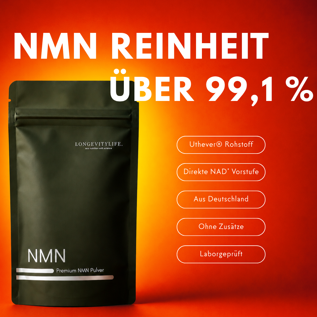 Beutel NMN Pulver mit Hinweis auf über 99,1 Prozent Reinheit und fünf Produktmerkmalen