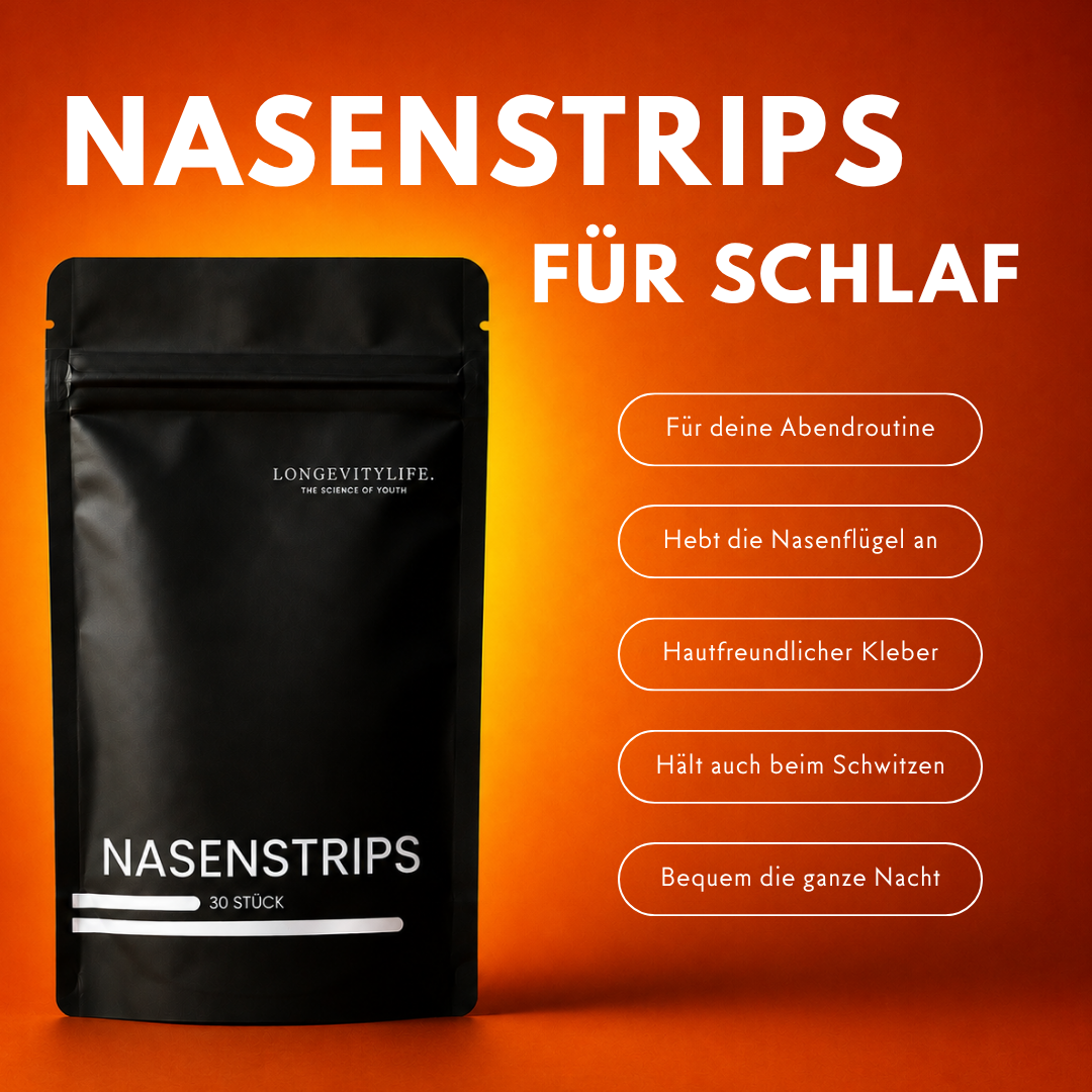 Beutel Nasenstrips neben einer Liste der Produktmerkmale