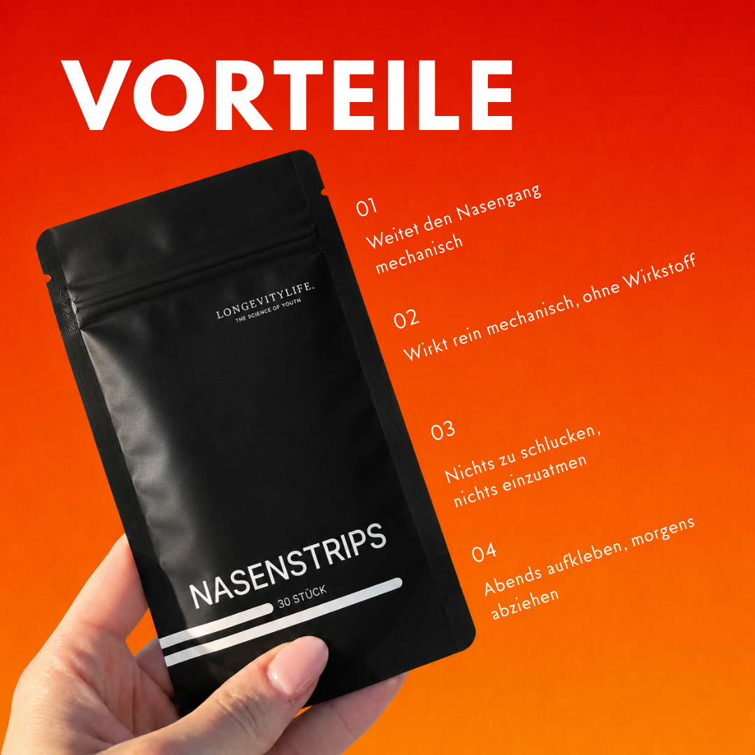 Hand hält den Beutel Nasenstrips, daneben eine nummerierte Liste der Produktmerkmale