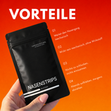 Hand hält den Beutel Nasenstrips, daneben eine nummerierte Liste der Produktmerkmale