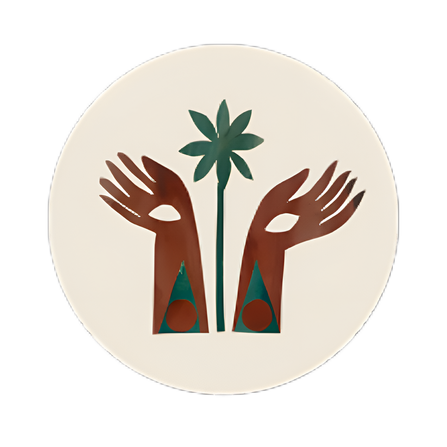 Round ceramic plate with artistic depiction of hands and a plant on a beige background