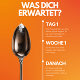 Messerspitze NMN Pulver auf einem Löffel, daneben eine Zeitleiste über Tag 1, Woche 1 und danach