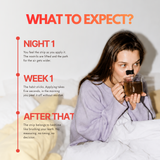Woman wearing a nasal strip drinking tea in bed, next to a timeline covering the first night, the first week and after that