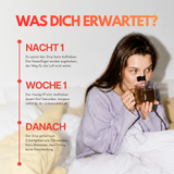 Frau mit aufgeklebtem Nasenstrip trinkt Tee im Bett, daneben eine Zeitleiste über die erste Nacht, die erste Woche und danach
