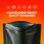 Opened NMN powder pouch with icons for lab testing, made in Germany and vegan formulation