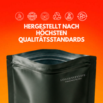 Geöffneter Beutel NMN Pulver mit Symbolen zu Laborprüfung, Herstellung in Deutschland und veganer Rezeptur