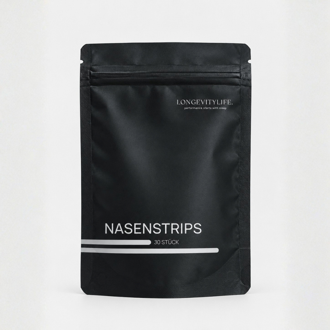 LongevityLife nasal strips, black pouch with 30 strips, front