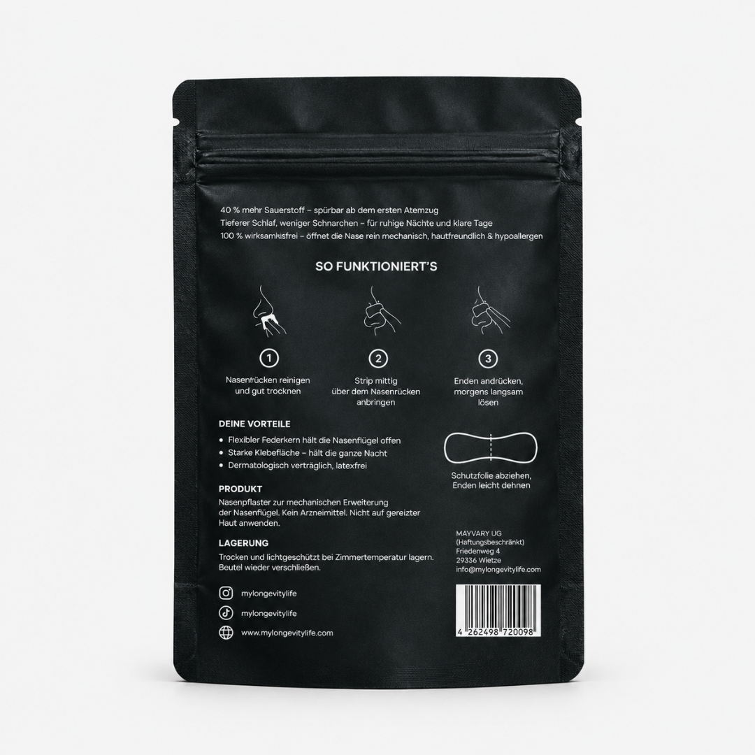 Back of the LongevityLife nasal strips pouch with the three-step application guide