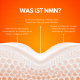 Grafik mit Erklärung, was NMN ist, wie es sich in Wasser löst und woher der Rohstoff stammt