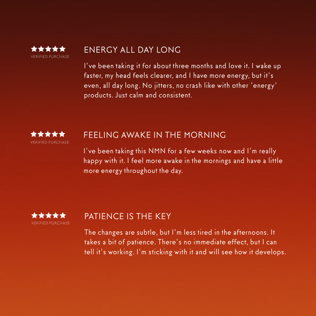 Three five-star customer reviews of the NMN powder