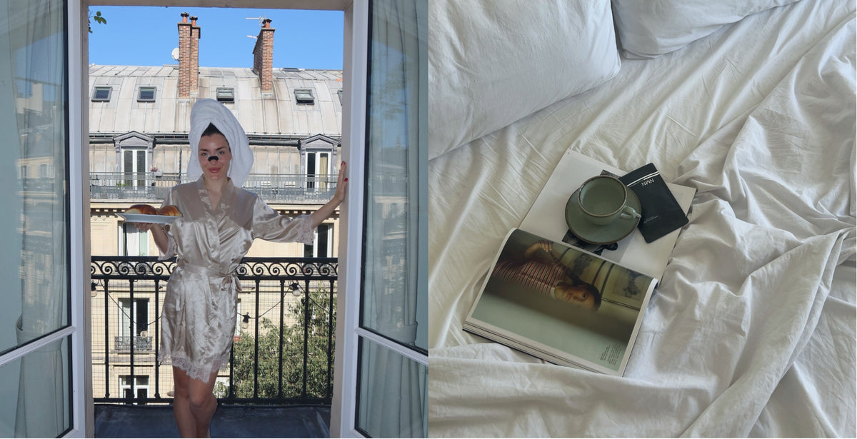 Frau mit Nasenstrip auf einem Pariser Balkon und ein Bett mit Kaffee und NMN Beutel