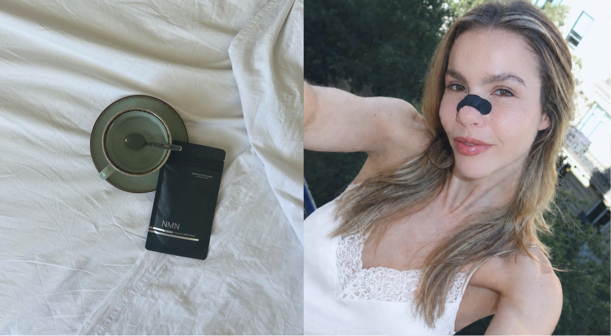 Bett mit Kaffee und NMN Beutel, daneben eine Frau mit Nasenstrip im Freien