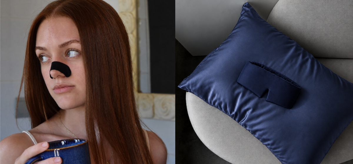 Woman with a silk nasal strip and a mug, next to a navy blue silk pillowcase with sleep mask