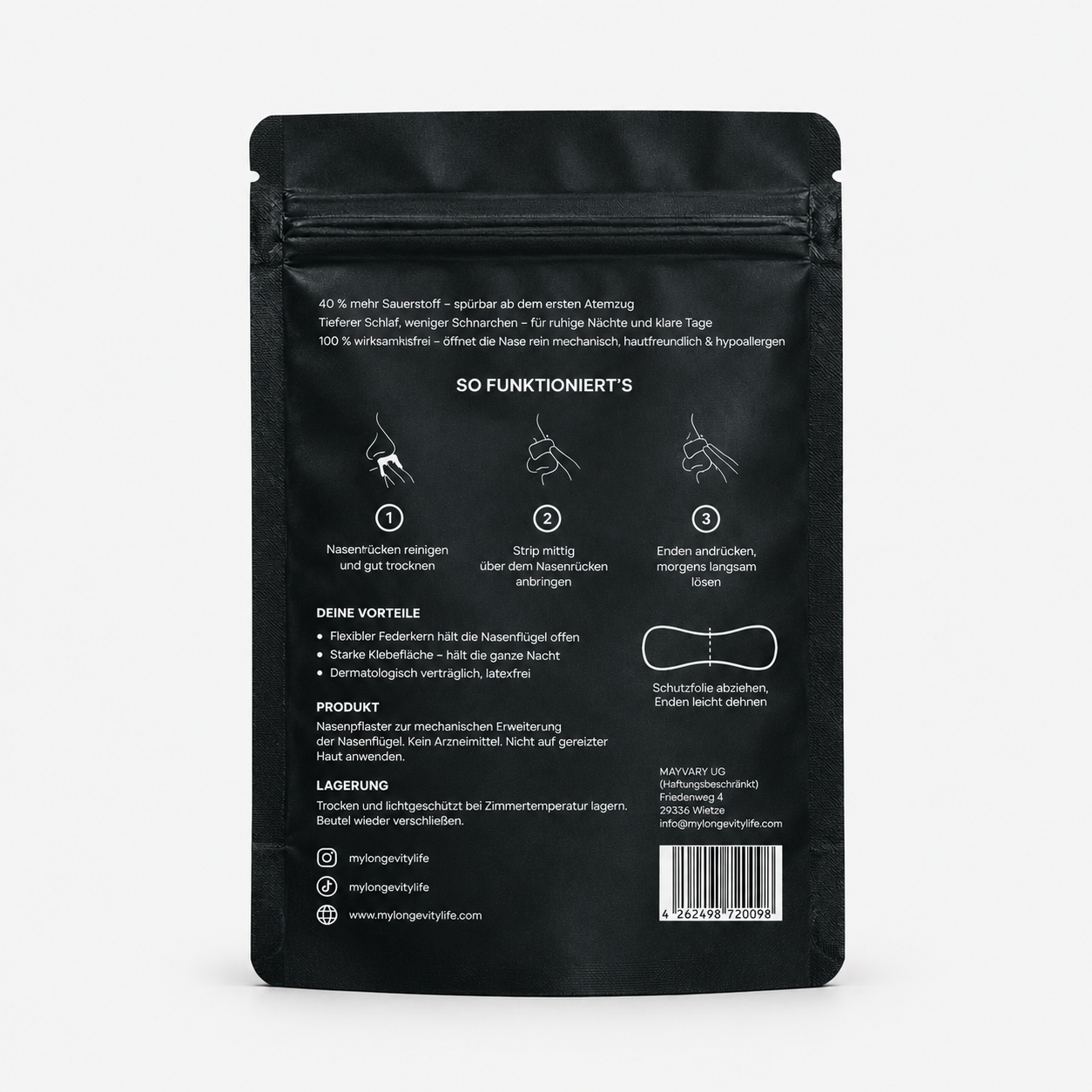 Rückseite der Verpackung der Silk-Nasenpflaster mit Anwendung in drei Schritten