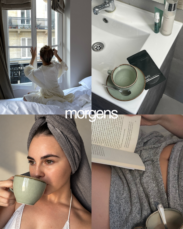 Collage einer Morgenroutine mit Tee, Buch und LongevityLife NMN Beutel