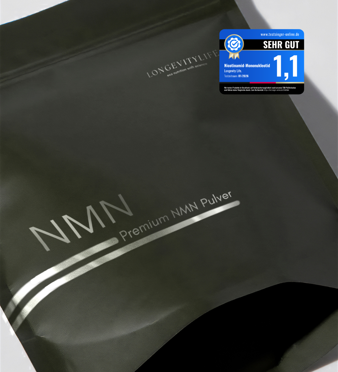 Black package of NMN powder with a certification label on a white background
