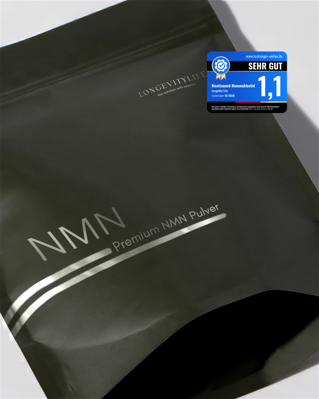 Black package of NMN powder with a certification label on a white background