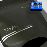 Black package of NMN powder with a certification label on a white background