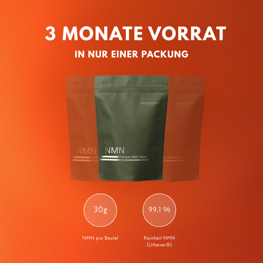 Drei Beutel NMN Pulver als Dreimonatsvorrat, 30 Gramm mit 99,1 Prozent Reinheit