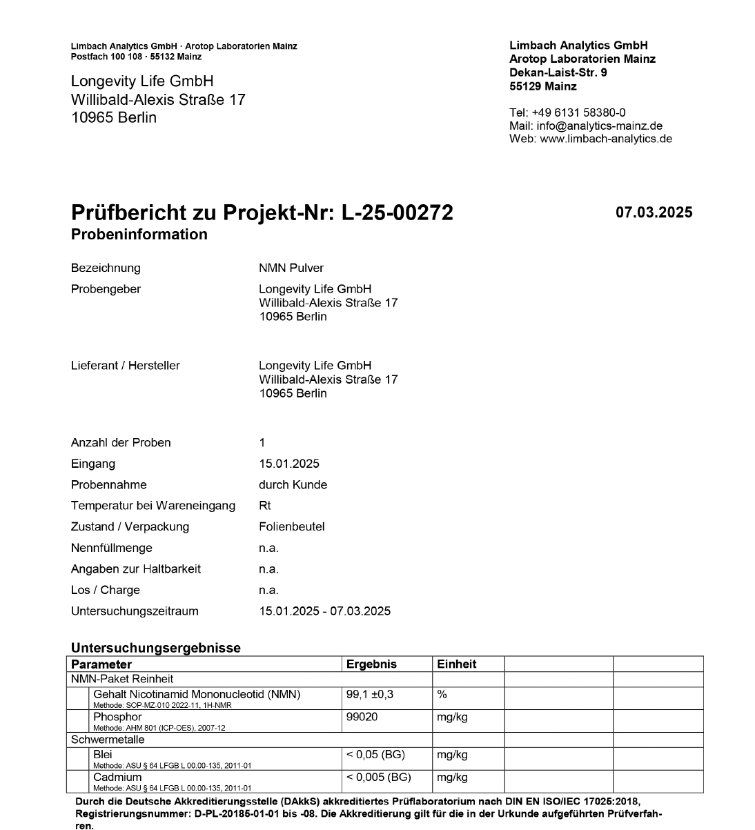 Prüfbericht der Limbach Analytics, Seite 1, mit 99,1 Prozent NMN Gehalt und Schwermetallwerten