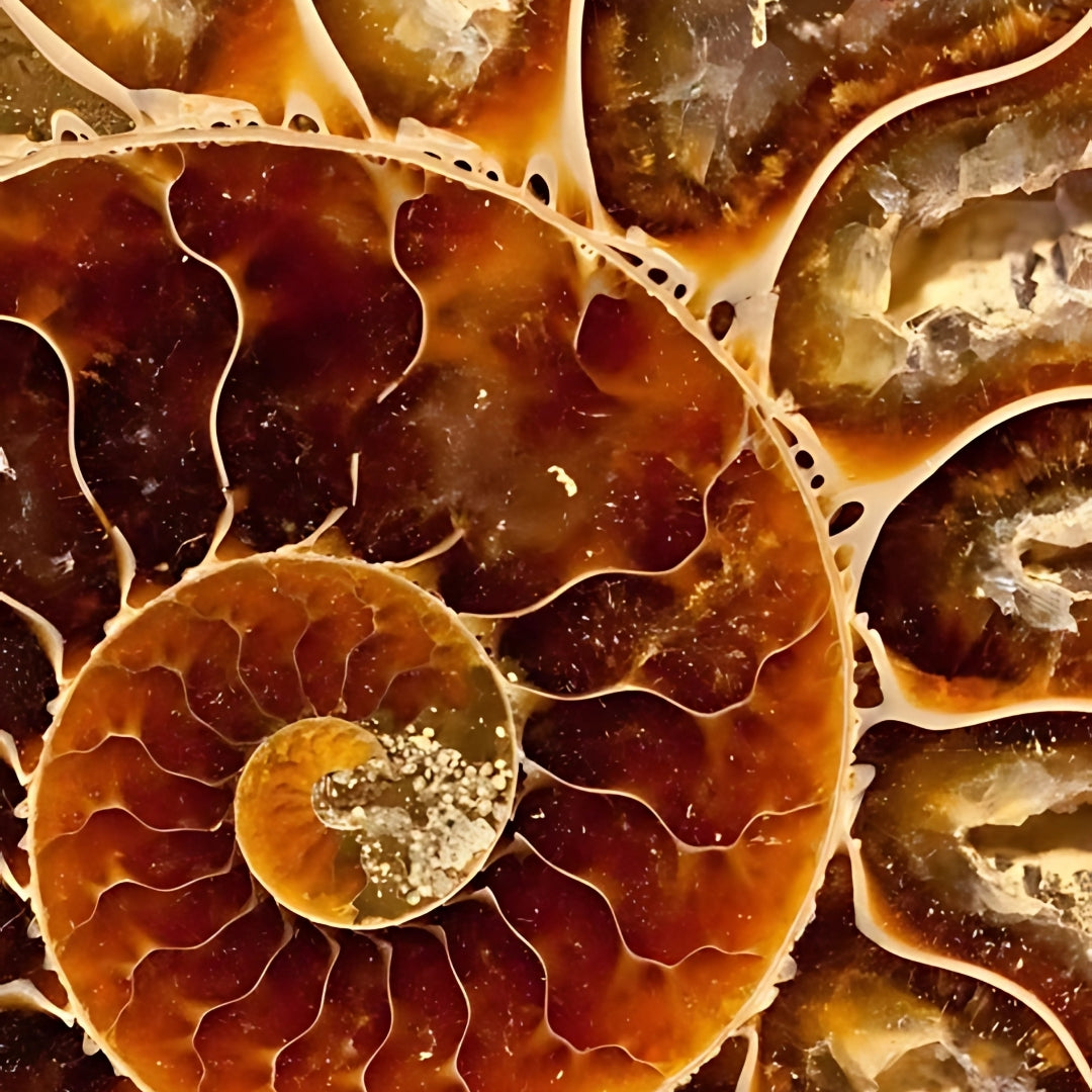 Detailed view of a spiral shell featuring rich orange and brown hues.
