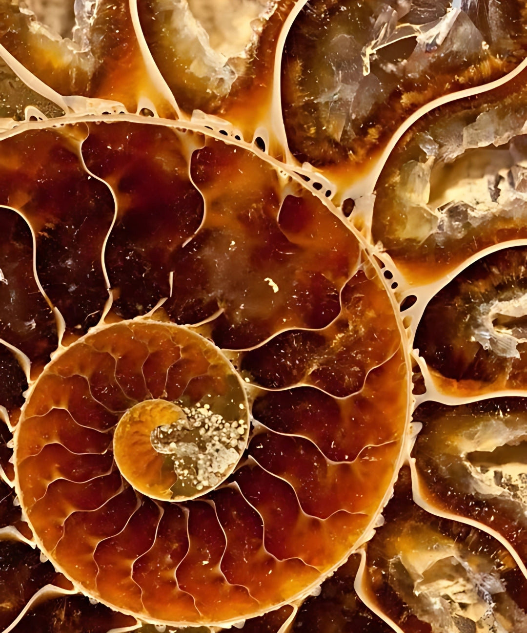 Detailed view of a spiral shell featuring rich orange and brown hues.
